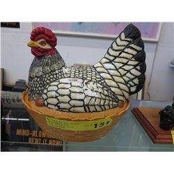 Vintage, hand painted milk glass hen on nest