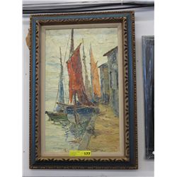Vintage signed acrylic harbour scene