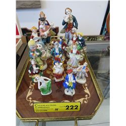 13 Occupied Japan figurines on a vintage tray