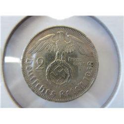 60% silver Eagle & Swastika 2 Reichsmark coin