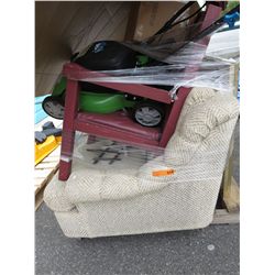 Skid containing love seat, lawnmower, etc.