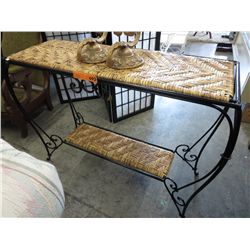 Metal side table with woven bamboo shelves