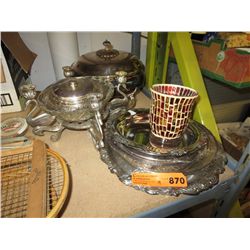 Silver plate & a glass vase - 8 pieces total