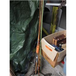 4 Fishing rods, one with a reel