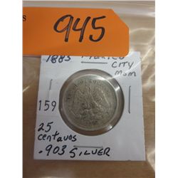 1885 Mexico City M.O.M. 25 Cent .903 silver