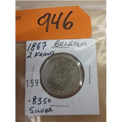 1867 Belgium 2 Francs .8350 silver