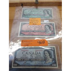 3 Canadian Bills - 1954 $1, $2, $5