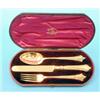 Image 1 : A Victorian 3 piece silver gilt christening set, comprising:- albany pattern knife spoon and fork...