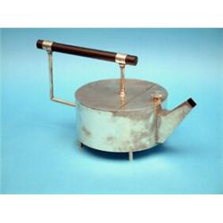 A plated teapot in the style of Christopher Dresser, of circular form with ebonised bar handle, 7...