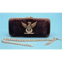 A Victorian silver mounted blue velvet cigar case, applied with an eagle crest and monogram, make...