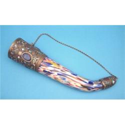 A Russian silver gilt mounted glass drinking horn with cloisonne decoration, applied hardstones 1...