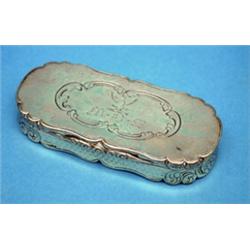 A Victorian silver snuff box, of oval form with scroll engraving 3.5ins £120-150...
