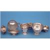 Image 1 : An Edwardian silver mounted glass match tidy, a silver cream jug and sugar bowl, a pair of boat s...