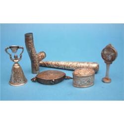 A Continental white metal marriage cup, a desk seal, two Chinese cane handles, an Indian box and...