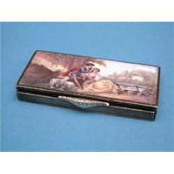 An George V enamelled silver compact, decorated with pastoral lovers beside a river 3.25ins £200-...