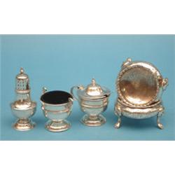 A pair of George III silver bun salts, marks rubbed and 3 assorted later condiments £100-130...