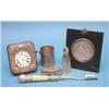 Image 1 : A group of small silver, including a silver mounted travelling timepiece, a framed plaque inscrib...