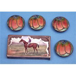 A late Victorian silver vesta case, enamelled with a jockey and racehorse (a.f.), together with a...