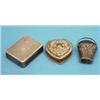 Image 1 : An Asprey silver vesta case, with sprung lid; a heart shaped pill box and a Continental basket pi...