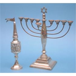 A George V silver menorah, with square foot, 10.5oz; and a 925 standard spice tower £150-200...