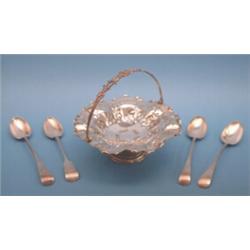 A plated pedestal cake basket, and 4 gravy spoons £80-100...