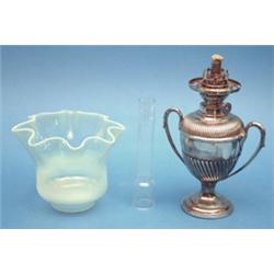 A plated oil lamp, with vaseline glass shade £150-200...