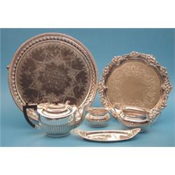 A large circular plated salver, a floral border salver, a 3 piece teaset and an elliptical dish £...