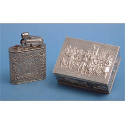 A Dutch white metal cigarette box, decorated with cavaliers, 4.75ins; and a matching table lighte...