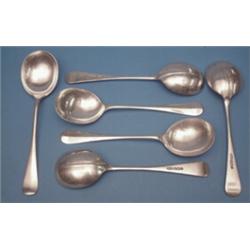 A set of 6 George VI silver soup spoons, old english pattern, Sheffield 1937 (11ozs) and a caddy...