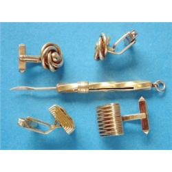 A pair of Asprey & Co 18ct gold cufflinks, a pair of 10k gold knot cufflinks and a toothpick £150...