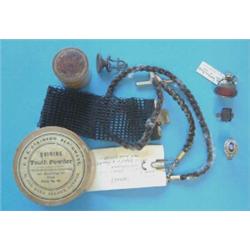 A George III memorial ring, 2 fob seals, a hair watch chain and 2 other items £50-70...