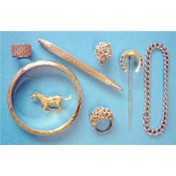 An 18k gold hinged bangle, 32grms, a 9ct gold cased engine turned ball point pen, a gold curblink...