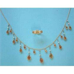 A gold, citrine and seed pearl fringe necklace, together with a 9ct gold 3-stone citrine and 4 pe...