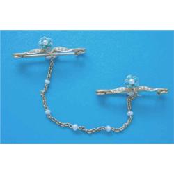 A pair of Victorian gold bar brooches, with turquoise and seed pearl forget-me-not flowerheads an...