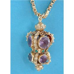 An ornate Italian gold lantern shaped amethyst/turquoise pendant on an 18ct gold box link chain £...