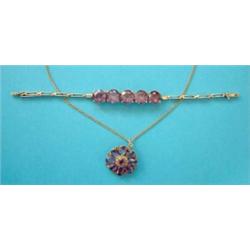 A Victorian gold, amethyst and seed pearl flowerhead pendant, together with a gold flexible brace...