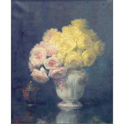 Julien Stappers (1875-1960) Belgian Oil on canvas Still life of roses in a vase and a pot. Signed...