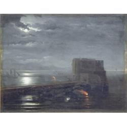 Van der Veen Oil on canvas. Moonlit Napoleonic harbour.  14 x 17ins. Gilt gesso frame.  £600-800...