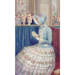 Enoch Fairhurst (b.1874) Watercolour "The New Bonnet" Young lady in church with onlooking admirer...