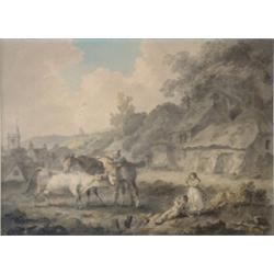 Julius Caesar Ibbetson (1759-1817) Watercolour. Losing her calf.  11.5 x 15.5 ins.  £1,500-2,000...