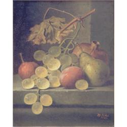 Henry George Todd (1847-1898) Oil on canvas. Still life of grapes, plums a pear and a pomegranate...