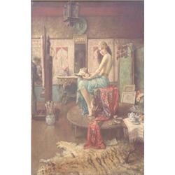William A. Breakspeare (1856-1914) Oil on wooden panel. Artist in studio painting his model as Sa...
