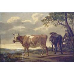 Abraham Bruiningh Van Worrell (1787-1823) Oil on wooden panel. Cattle and drover in a landscape....