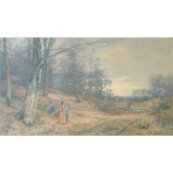 Walter Fullen Bishop (1856-1936) Watercolour. Figures in woodland with a hunt approaching. Signed...