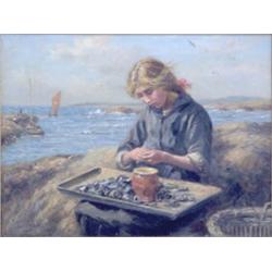 John McGhie (1867-1952) Oil on canvas. The Mussel Girl. Signed.  20 x 26 ins. Gilt gesso frame....