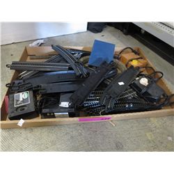 Box of assorted model railway equipment