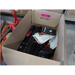 A box of vintage slot car racing cars, tracks