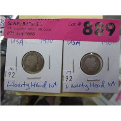 2 USA Liberty Head Dimes, 1910 & 1901