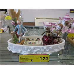 Oval milk glass dish with 4 collectibles