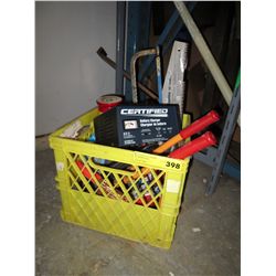 Crate containing assorted tools
